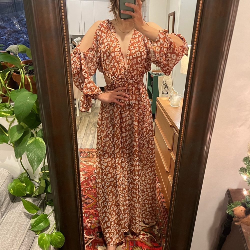 Anthropologie Sheer Burnt Orange Floral Maxi Dress - Picture 2 of 6
